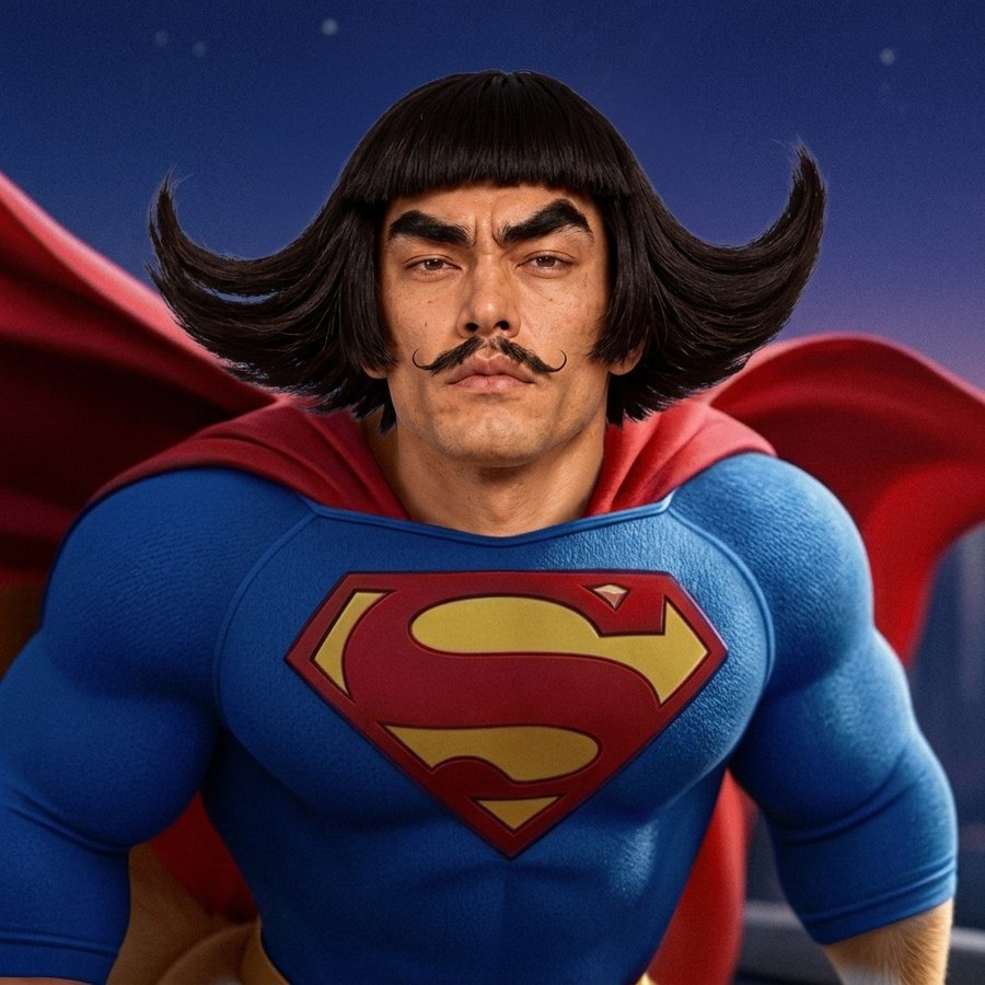 Super Sean up close: wide winged black hair, curled mustache, blue hero suit and red cape against a night sky